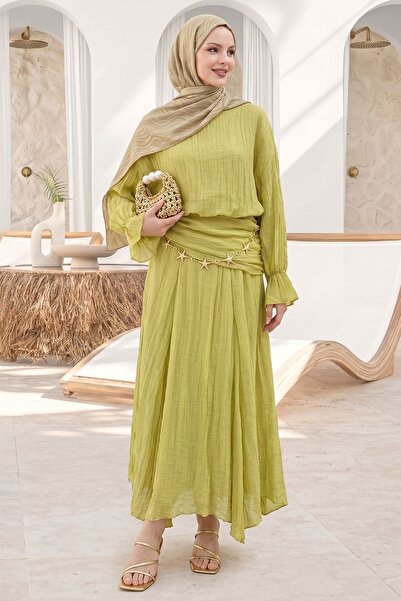 InStyle Pleated Asymmetrical Skirt Oil Green Suit