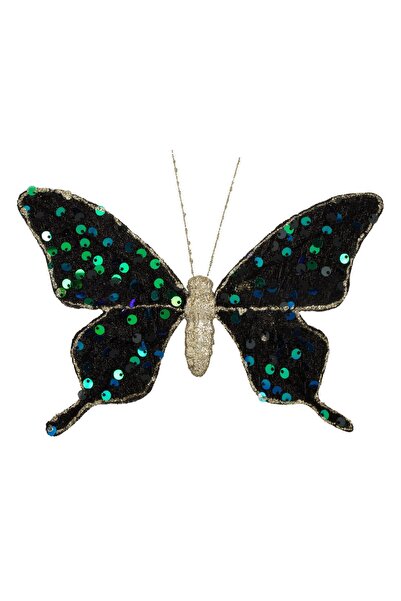Zumzeria Fluture decorativ de Crăciun cu țesătură verde, paiete argintii și s...