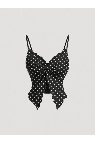 Wild Flower Front Twist Polka Dot Patterned Thin Strap Alaçatı Crop Top