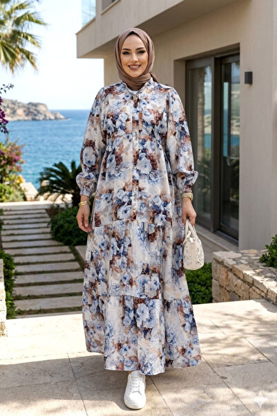 Hb Harma Time Butik Women's Buttoned Floral Patterned White Modal Dress