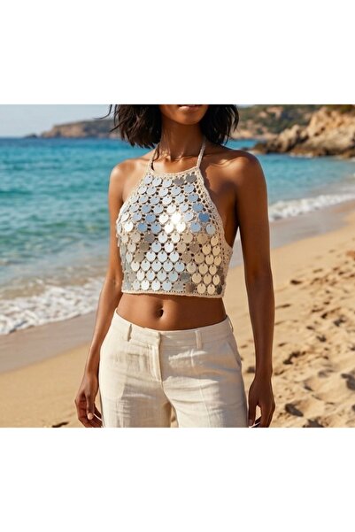 ALLKNİTS Payetli pullu el örgüsü crop bluz