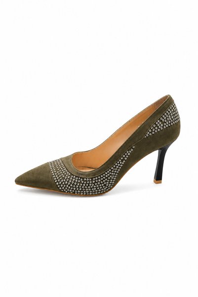 Luxe Heel Ayağınıza Değer Katan Adımlar Haki Taş Detaylı Sivri Burun İnce Top...