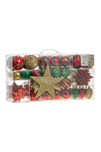 OEM Set of Red and Green Christmas Ornaments with Tree Topper - 106pcs