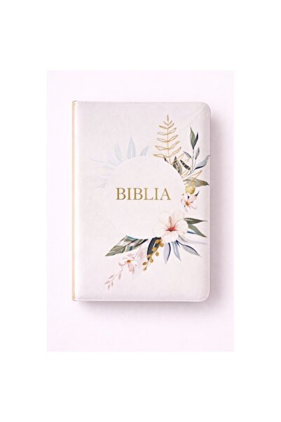 Light Store Biblie mare, piele ecologică, model floral alb-auriu, fermoar, in...