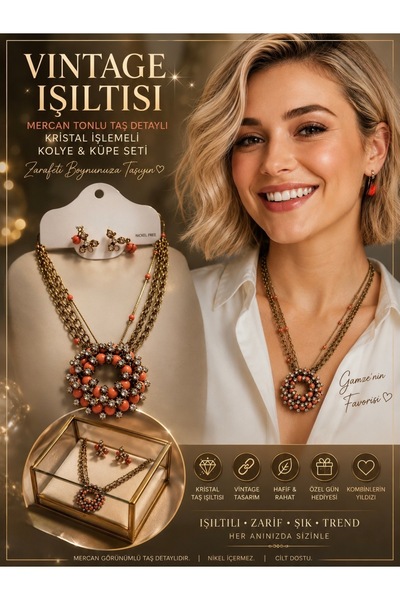 ELUNE İSTANBUL &Milano Coral Orange Detailed Crystal Embellished Vintage Neck...
