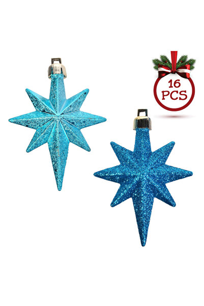 Zumzeria Set of Christmas Ornaments Turquoise Glitter Stars 8cm - 16pcs