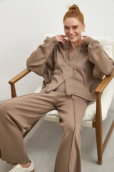 TRENDQUEL Double Zippered Hooded Pants Suit Mink
