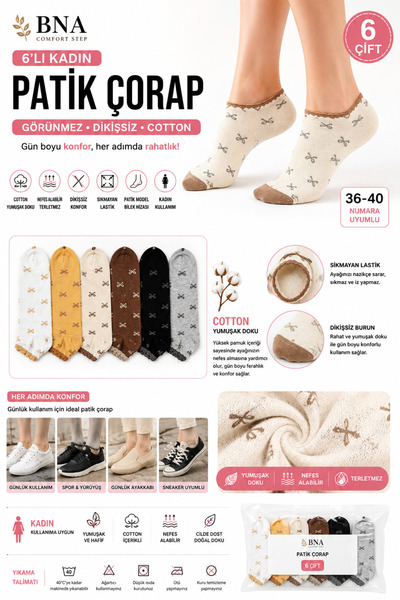 BNA Comfortstep BNA Kadın Fiyonk Desenli Patik Çorap 6’lı Set – Pamuklu Günlü...
