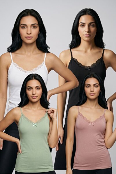 fevien 4-Pack Women's Cotton V-Neck Lace Detailed Thin String Strap Undershir...