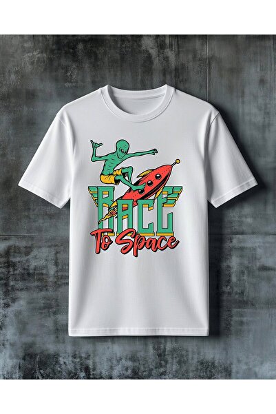 COMVİCHO تي شيرت كبير الحجم مطبوع عليه "hail to space alien rocket"