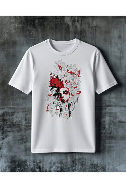 COMVİCHO Red Face Flower Art Printed Oversize T-Shirt