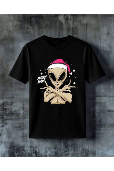 COMVİCHO Alien Christmas Hat Printed Oversize T-Shirt