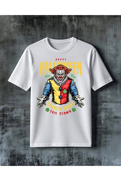 COMVİCHO تي شيرت مطبوع عليه مهرج شرير من Happy Halloween Evil Clown مقاس كبير