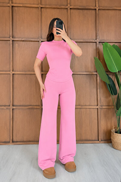 MİROR Women's Pink Drawstring Detailed T-Shirt and Pants Set