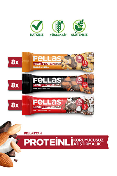 Fellas Yüksek Protein Bar (45 g) Karma Kutu - 12 Adet (3 Çeşit) x 2