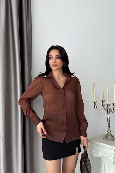 Serica Moda Brown Collar Brooch Detailed Shiny Chiffon Shirt