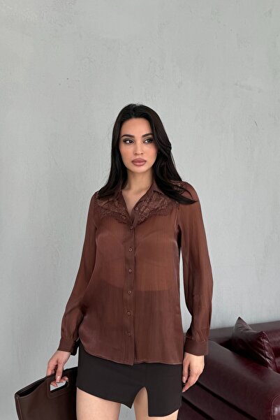 Serica Moda Brown Off-Shoulder Lace Embroidered Shiny Chiffon Shirt