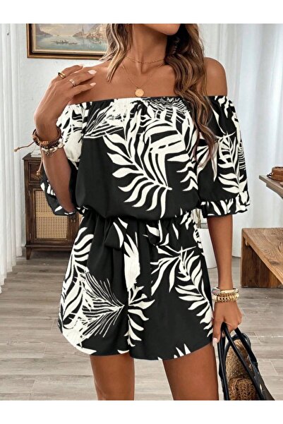 JANES Women's open shoulder, madonna collar, belted waist, patterned short su...