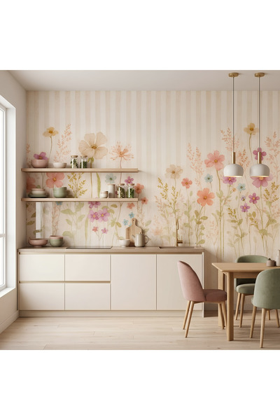 dekoartizan Pastel Renkli Bahar Bahçesi Çizgili Duvar Kağıdı