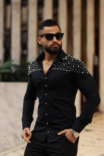 BAYIM Erkek Slim-Fit Omuz ve Yaka İnci Detaylı Lüks Tasarım Premium Gömlek
