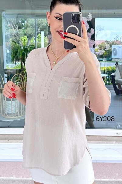 İnce Topuk Short Sleeve Mesh Detail Washed Cotton Fabric Blouse 6Y208