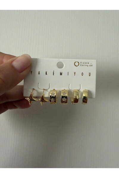 DGK COLLECTİON 14K gold renk altın kaplama,yıldız detaylarına sahip 6'lı küpe...