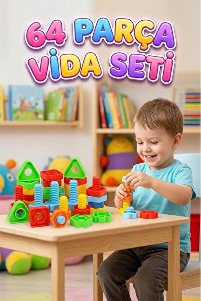 Tıfıl Toys Öğretici Vidalar! 64 Parça 4 Farklı Şekilli Renkli Somunlu Vidalı ...