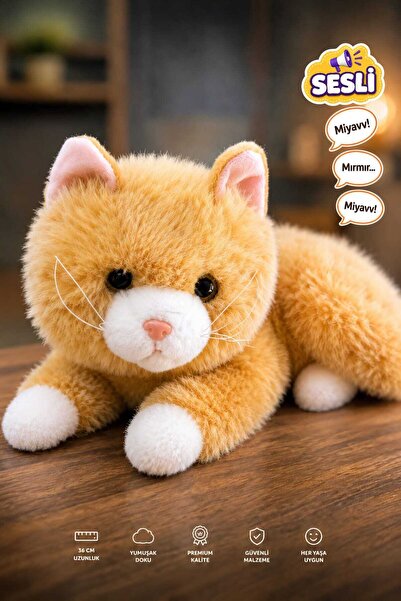Fidan oyuncak Sevimli ve Gerçekçi Sesli Peluş Kedi - 36 cm Yumuşak Dokulu Pre...