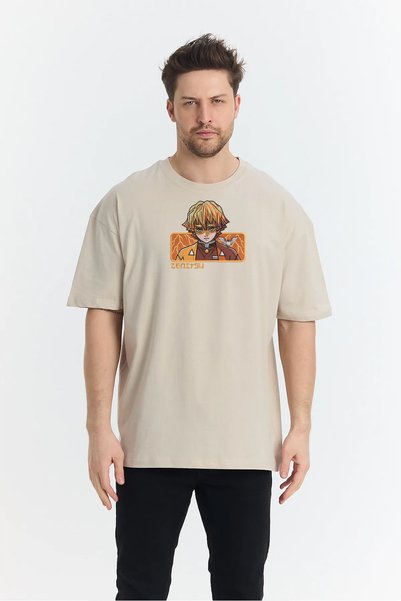 FAUNION Unisex Oversize Embroidered Demon Slayer Zenitsu Anime Design 100% Co...