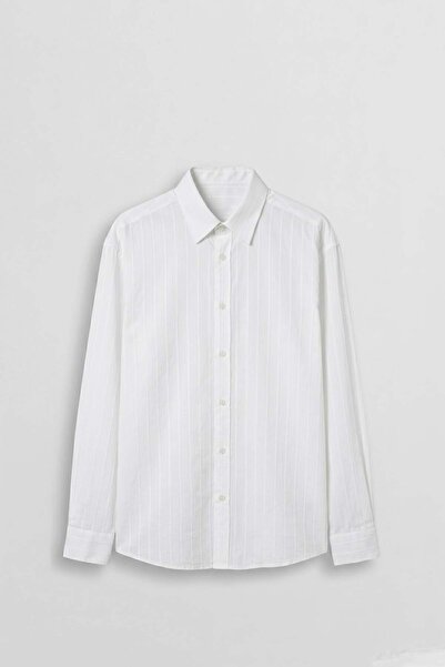 ablukaonline Men's Oversize Textured Striped Long Sleeve Shirt White