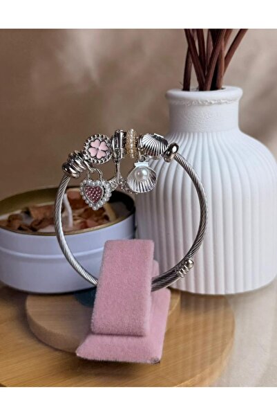 ANKA JEWELLRY Sea Shell and Heart Charmli Silver Steel Women's Bracelet