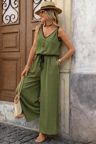 Wear Up جمبسوت نسائي بحزام وياقة على شكل V مع زخرفة على الخصر وأربطة