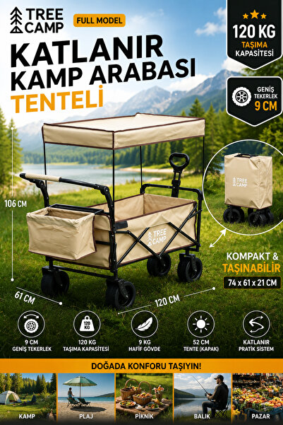 VANER Katlanır Kamp Arabası Tenteli 120 KG Taşıma Kapasiteli Geniş Tekerlekli...
