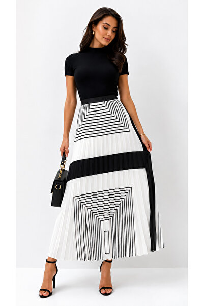 Diva Exclusive Fashion Black and white pleated skirt with Geometric Patterned