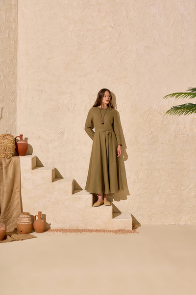 Aker Khaki Crew Neck Flared Dress