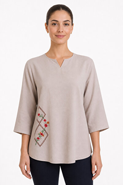 Desen Triko Women's Open Collar Embroidered Blouse Beige
