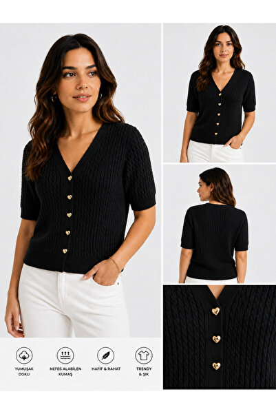 FİFTY ONE Women's V-Neck Heart Button Knitwear Cardigan Summer Thin Knitted S...