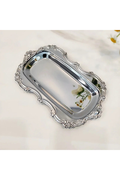 Choice Silver Vintage Embossed Stainless Steel Tray Serving Platter for Desse...