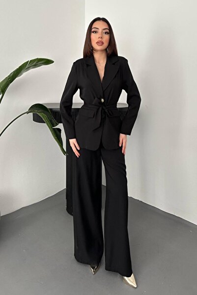 ozelia Black Belted Jacket and Trousers Set