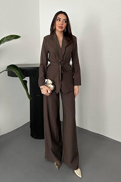 ozelia Brown Belted Jacket and Trousers Set
