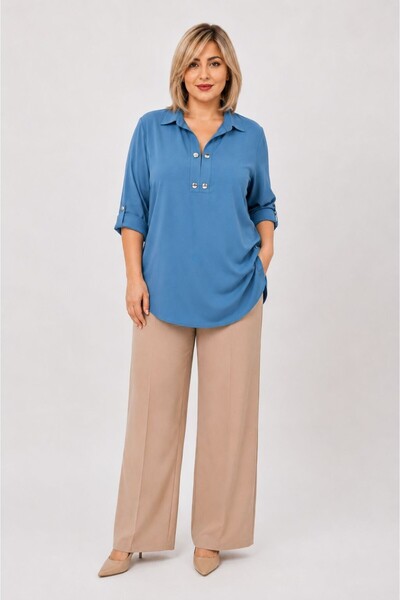 By Alba Collection Women's Indigo Blue Button Detail Plus Size Viscose Shirt