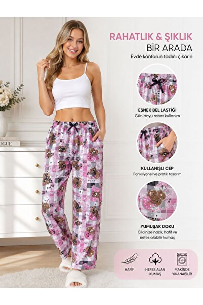 DİAMOND OUTLET Women's Pink Teddy Bear Patterned Pajama Bottoms - Comfortable...