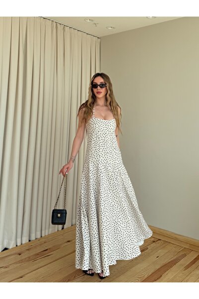 Laluvia White Halter Neck Polka Dot Dress - 4733