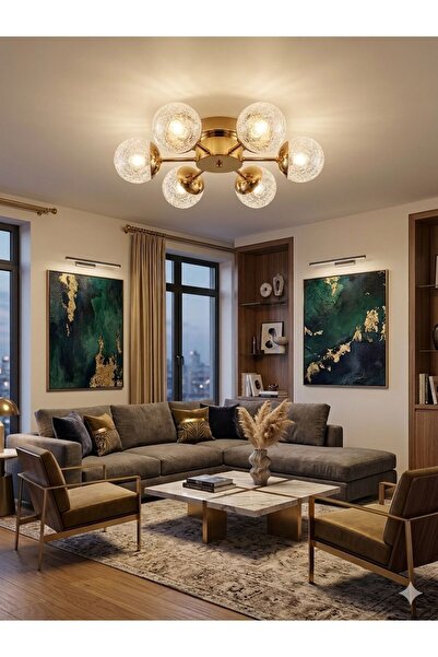 Lüxev Lighting Güneş Model Gold 6"lı Ledli 3 Renk Modu Kristal Salon Mutfak Y...