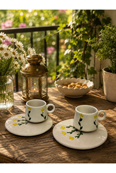 CEZVE HOME Yellow Floral Patterned Ceramic Turkish Coffee Cup Set for 2 People
