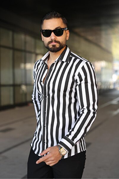 BAYIM Erkek Slim-Fit Dikine Kalın Çizgili Premium Lüks Gömlek