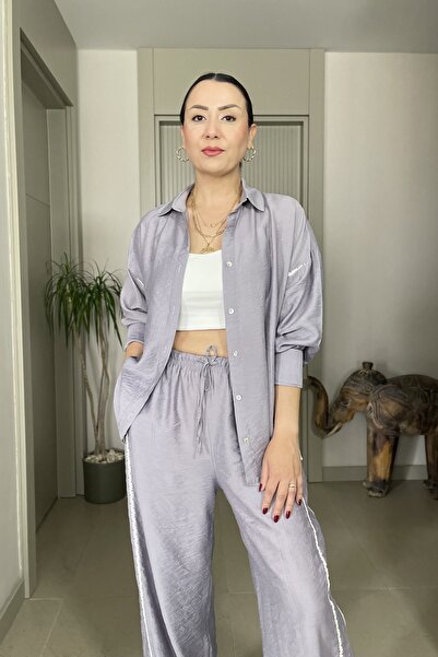 Butik Didem Sakinci Comfortable Fit Shirt and Pants Set with Side Stripe Embr...