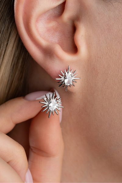 Silvano Jewelry 925 Ayar Gümüş Kutup Yıldızı Rodyum Kaplama Küpe