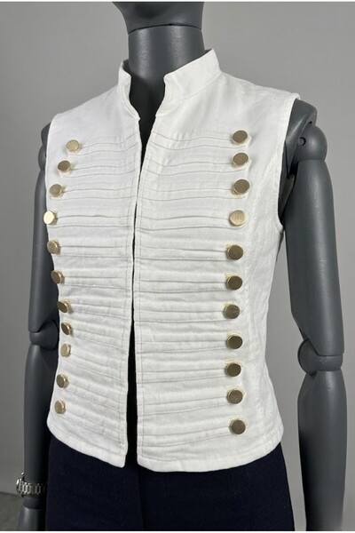 LOKADI Women's Military Style Gold Buttoned Denim Vest - Stand Collar Militar...