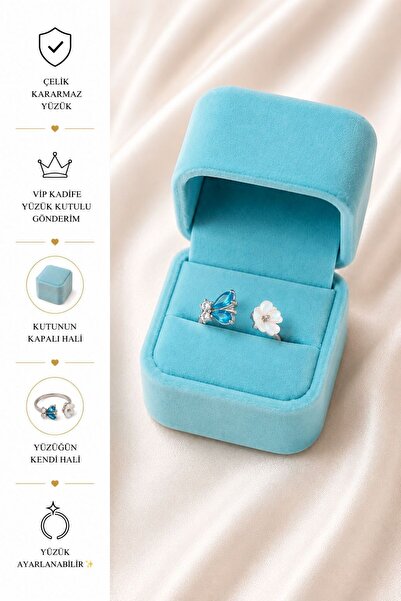 enyessaccessory Blue Steel Ring with Velvet Box - Adjustable Ring Gift